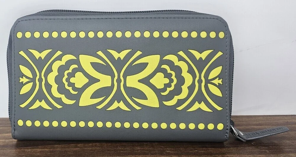 Vera Bradley Laser Cut Wallet Moonless Night Faux Leather Gray Yellow Zip Around - Picture 1 of 11
